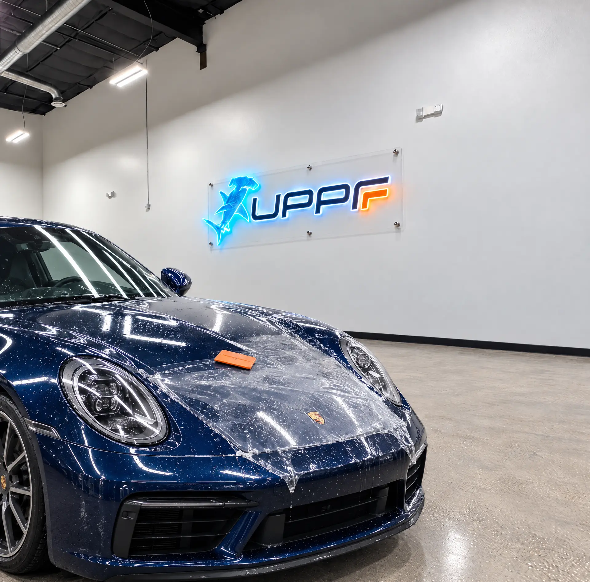 Certified technician installing paint protection film at UPPF Studio Houston