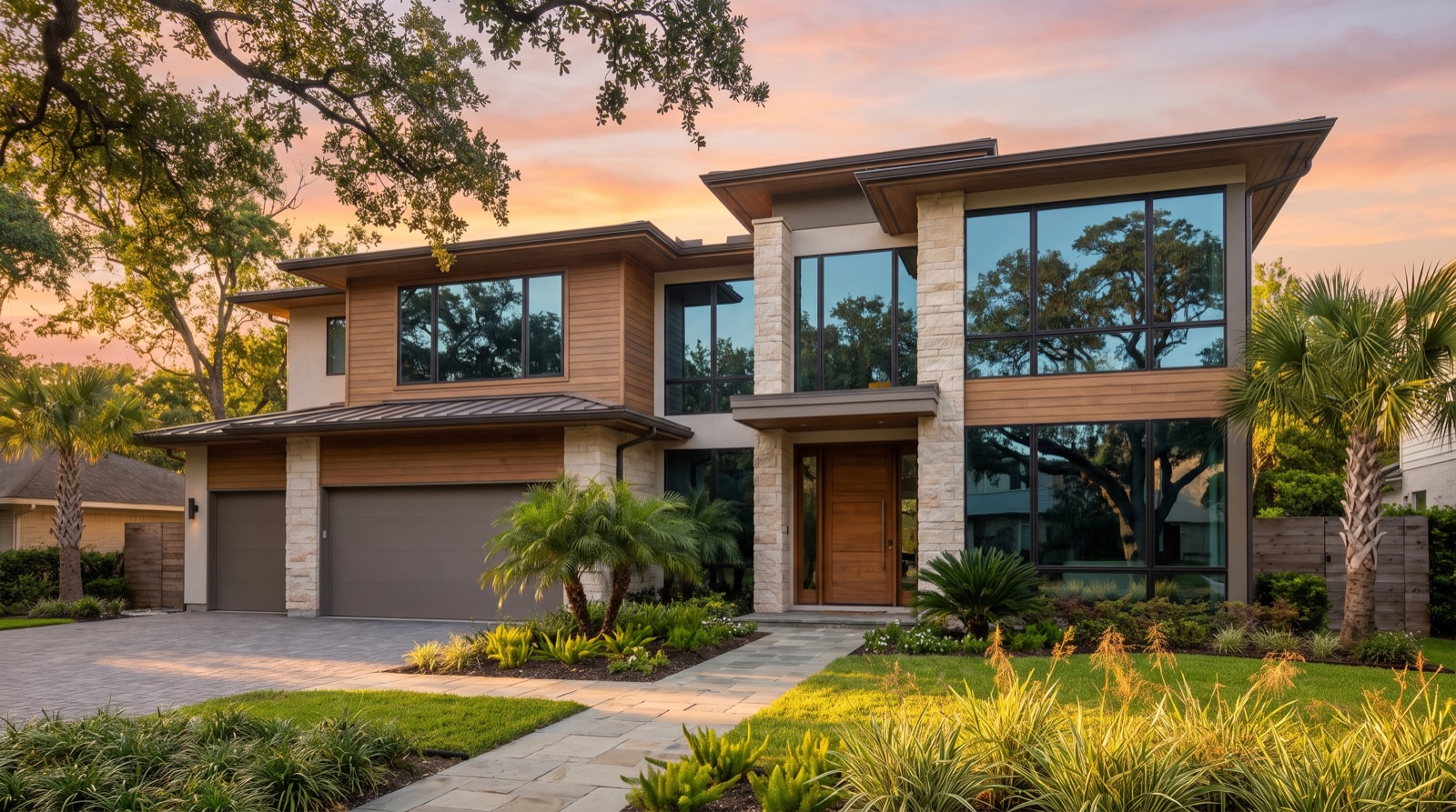 Modern two-story Houston home with tinted low-E windows at dusk