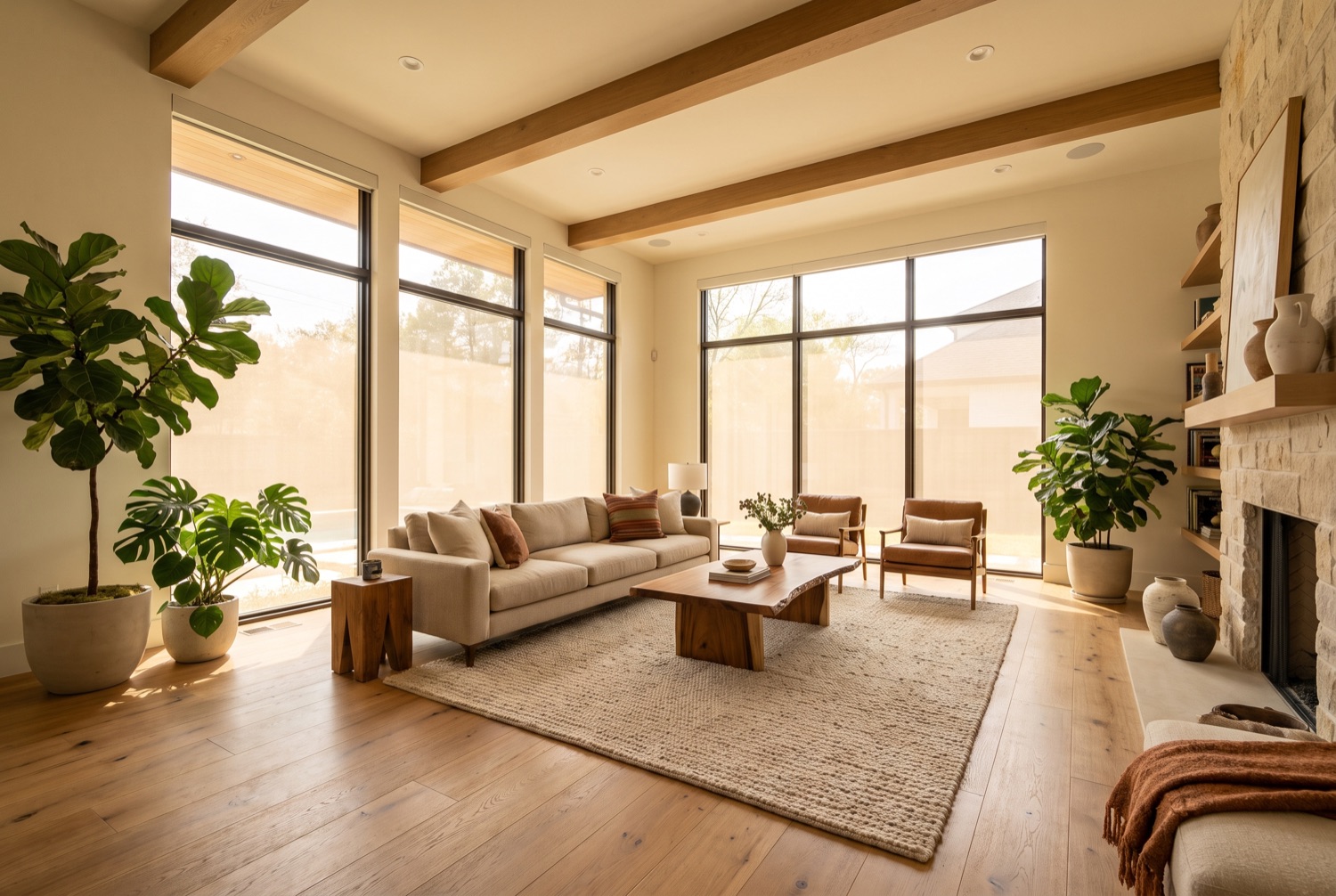 West-facing living room with even, comfortable light after window film
